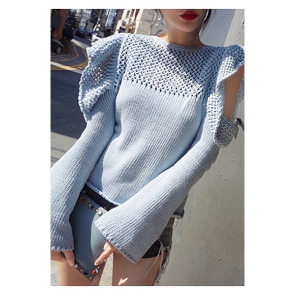 PHILOSOPHY DI LORENZO SERAFINI Blue Cotton Ruffle Cold Shoulder Sweater Size US2 - Picture 2 of 11